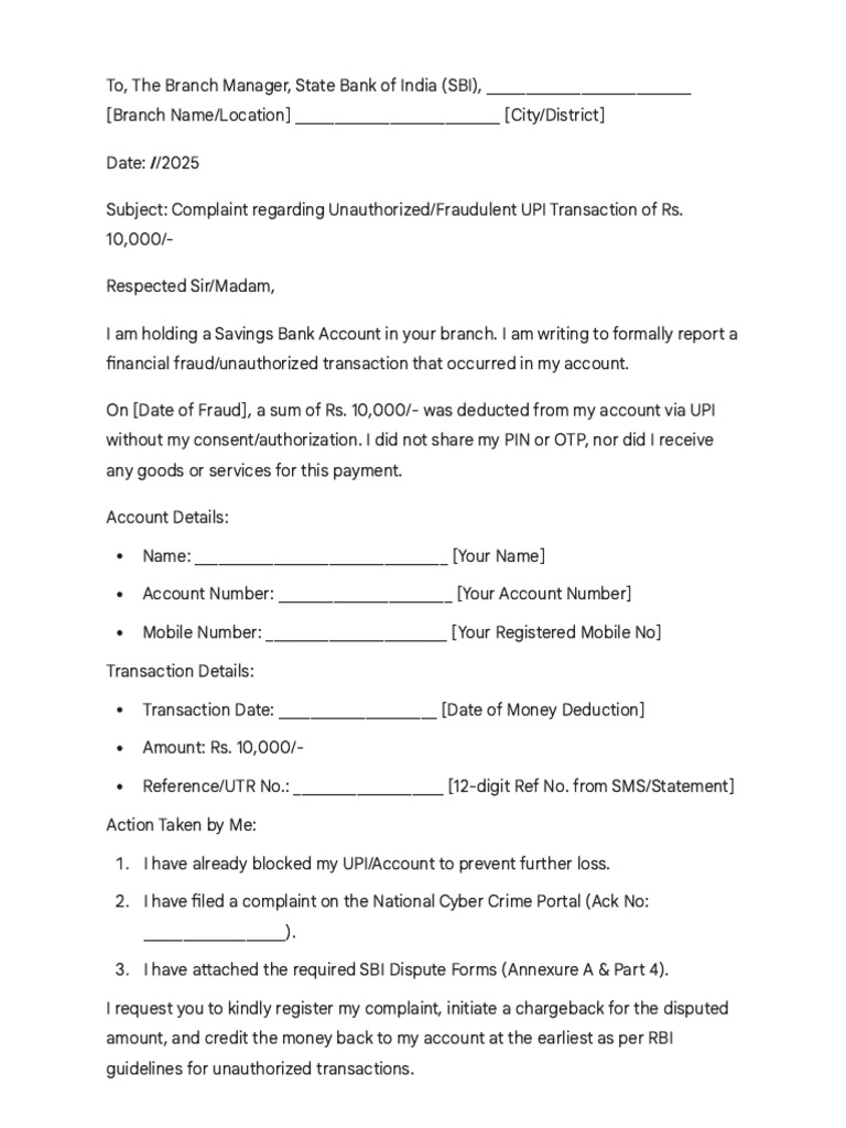 Complaint for Fraudulent UPI Transaction | PDF