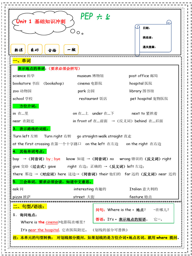 背诵版】六上英语通关复习背诵版| PDF