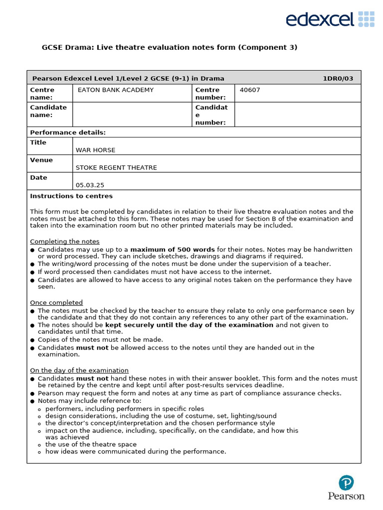 GCSE Drama Live Theatre Evaluation Form | PDF