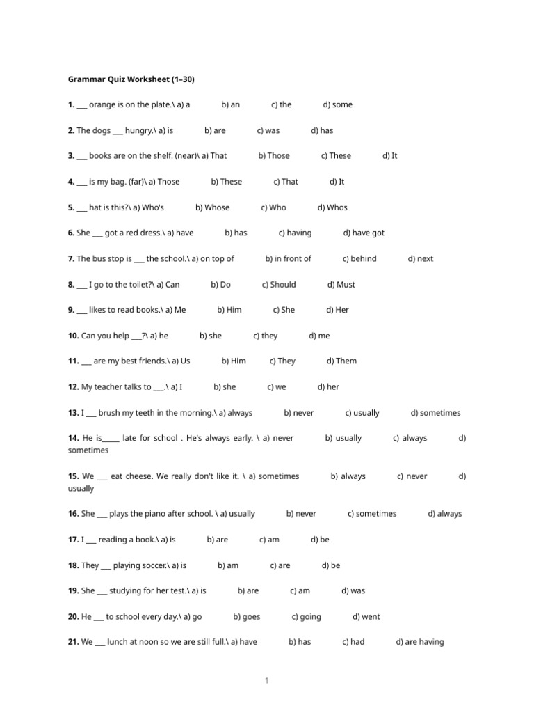 Grammar Quiz Worksheet (1) | PDF | Chess Theory | Chess