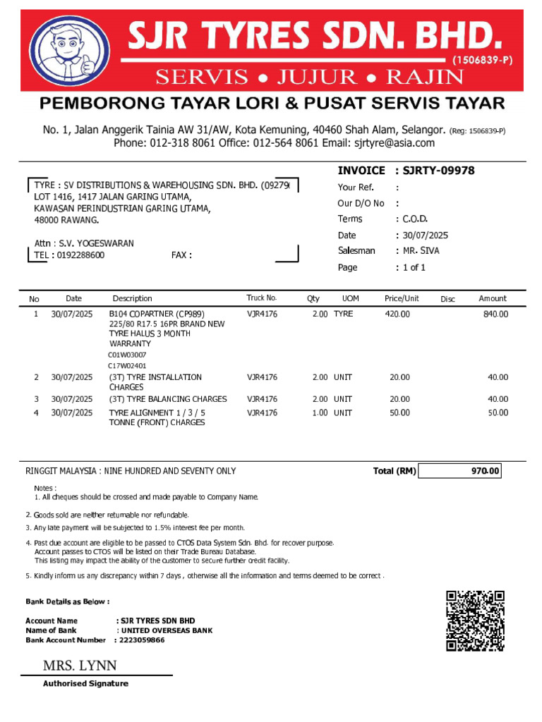 SV Distributions & Warehousing Sdn. BHD - Tyre Cash Invoice - Sjrty ...