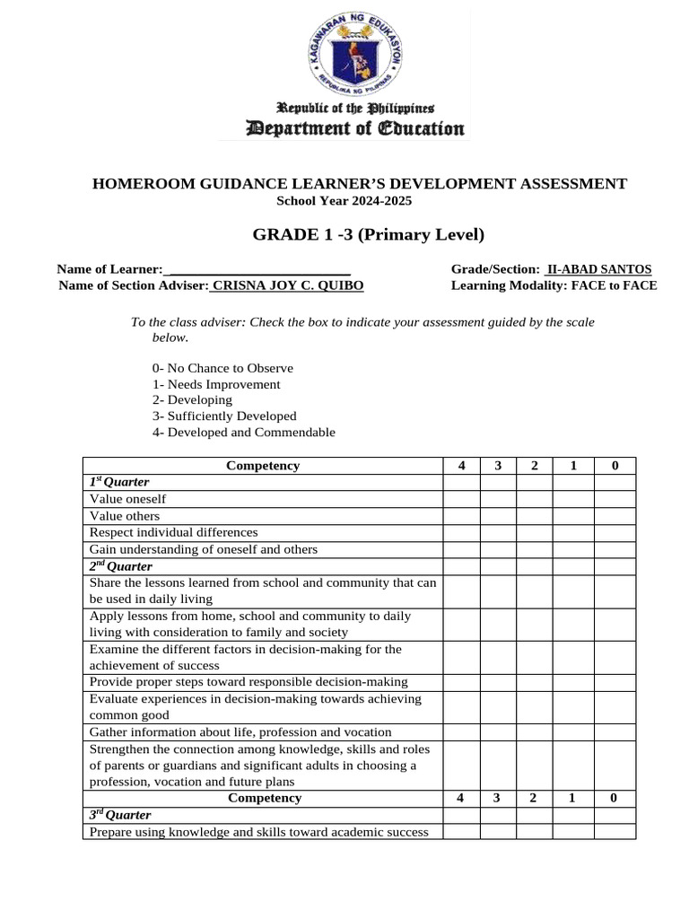 Homeroom Guidance Assessment 2024-2025 | PDF | Learning | Decision Making
