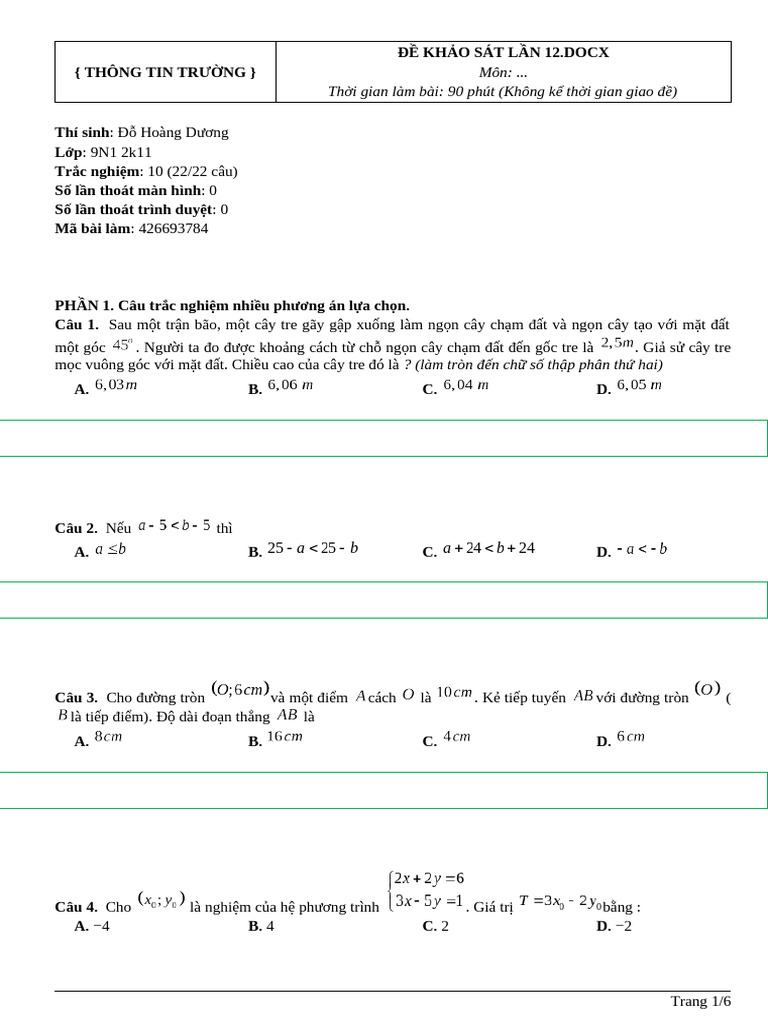 Do Hoang Duong 426693784 12 09 2025 Test Result | PDF