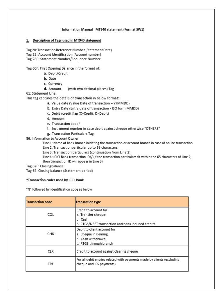 MT940 Statement Guide for ICICI Bank | PDF | Debits And Credits | Cheque