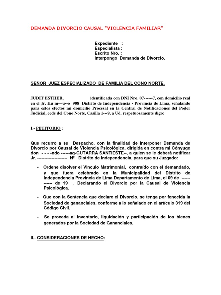 Demanda de Divorcio por Causal de Violencia Psicológica