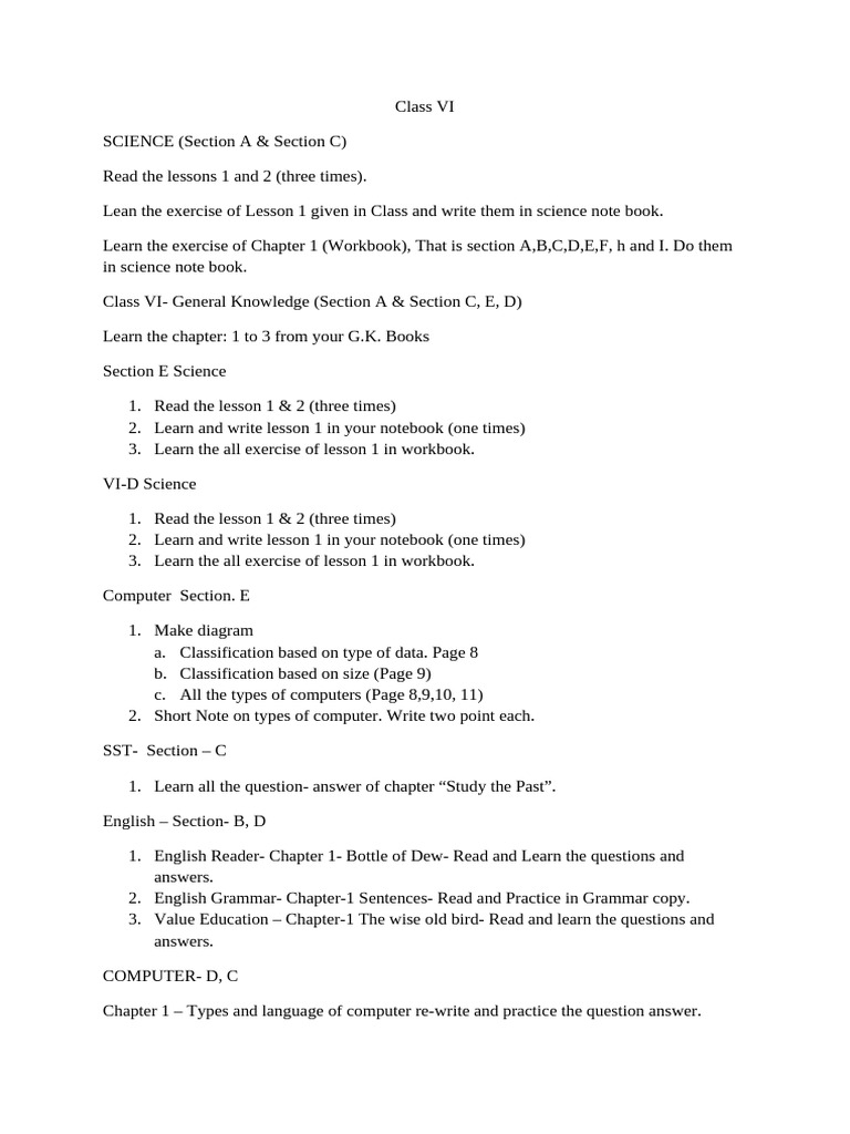Class VI Homework and Study Guide | PDF