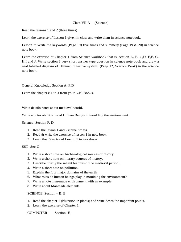 Class VII A Homework Assignments Guide | PDF | William Wordsworth | Decimal