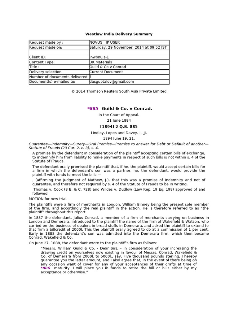 Guild & Co v Conrad Case Summary | PDF | Guarantee | Indemnity