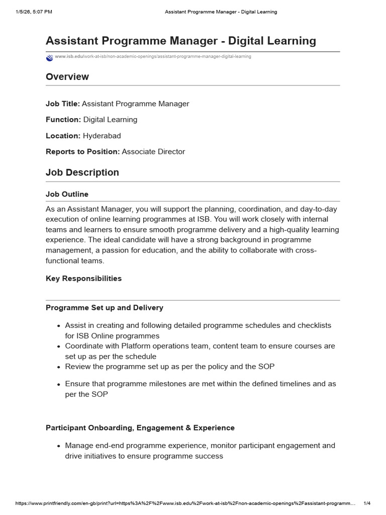Assistant Programme Manager - Digital Learning - ISB | PDF ...