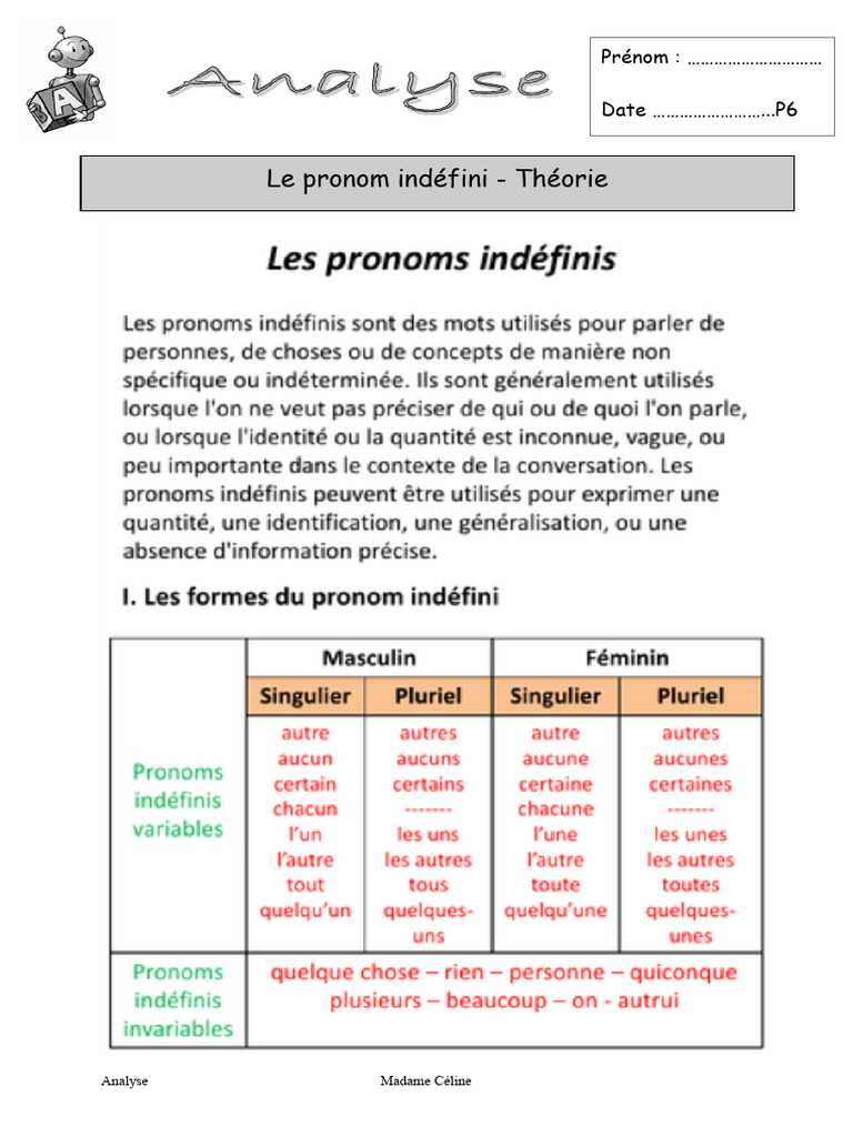 Analyse des pronoms et déterminants indéfinis | PDF