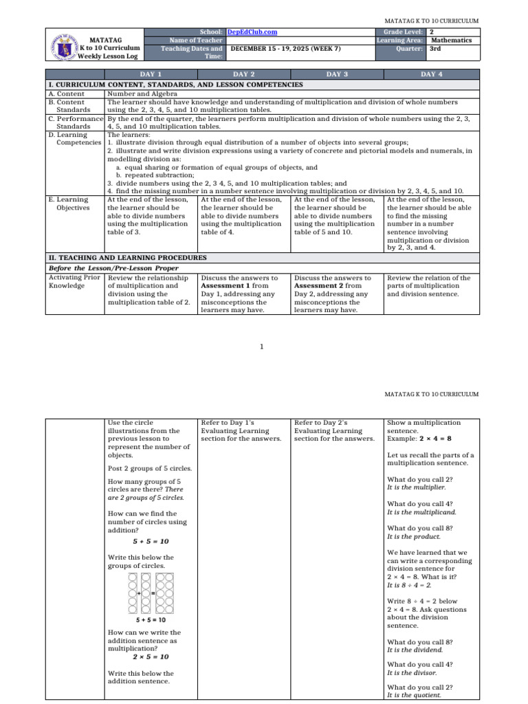 K-10 Math Weekly Lesson Plan | PDF | Division (Mathematics ...