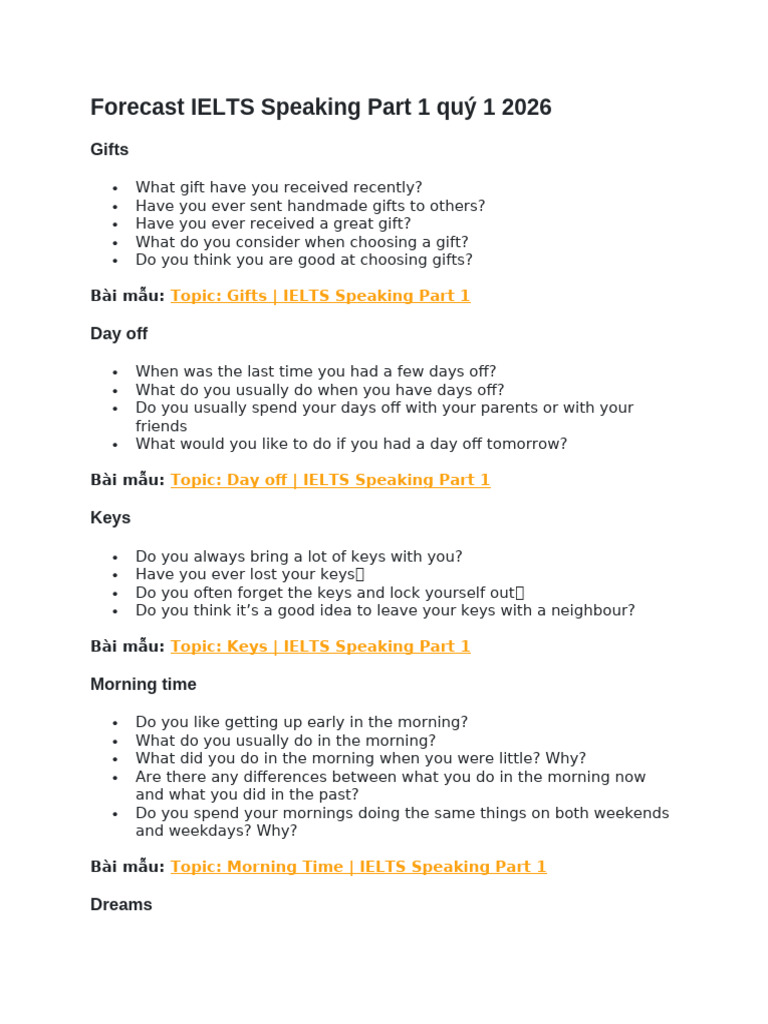 Forecast IELTS Speaking Part 1 Quý 1 2026 | PDF
