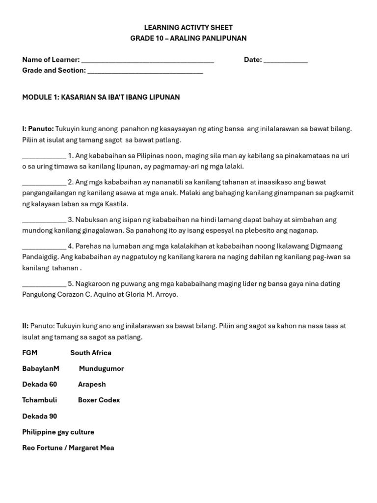 Learning Activty Sheet | PDF