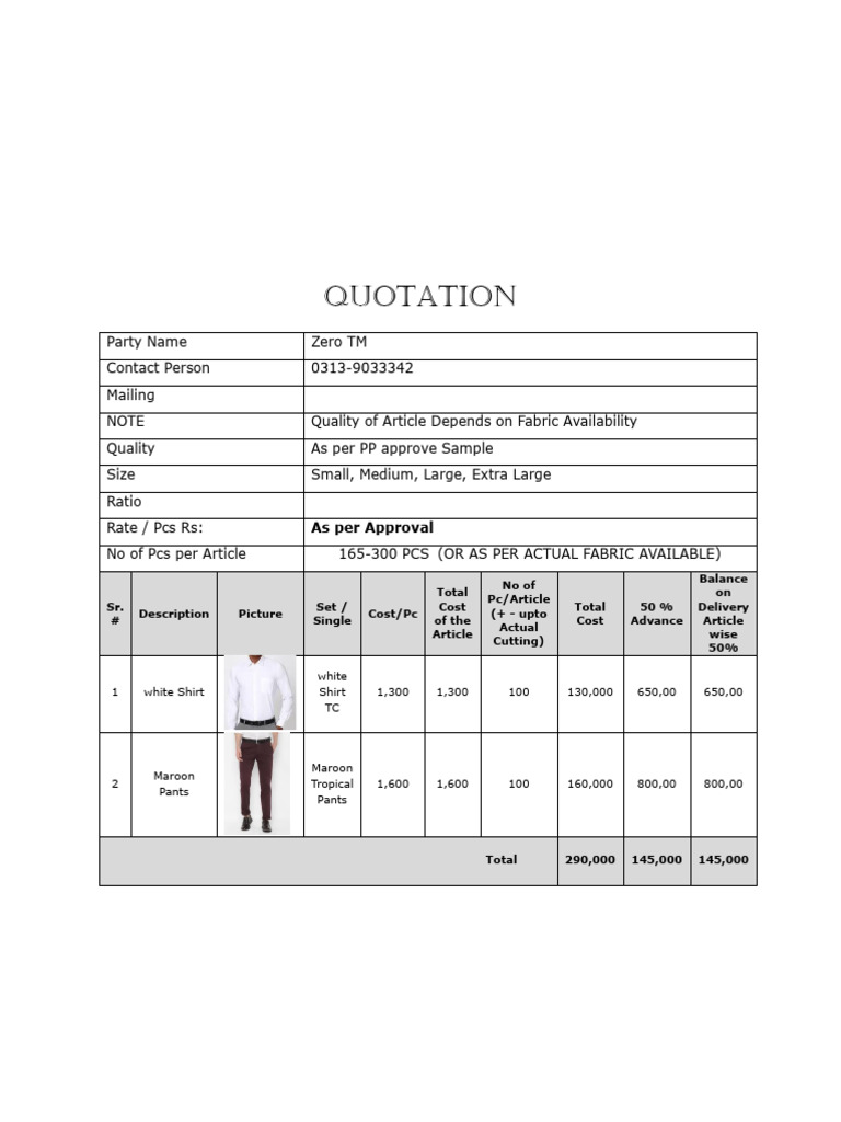Quotation for Apparel Order Details | PDF
