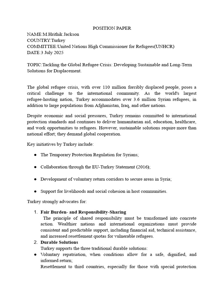 M.hrithik Jackson POSITION PAPER Turkey 2 | PDF | Refugee | Refugees Of ...