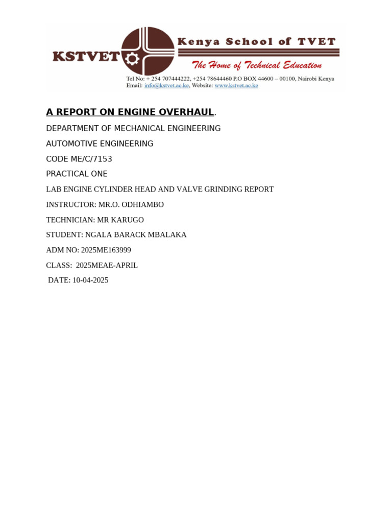 Engine Overhaul Report: Cylinder Head & Valves | PDF | Screw | Valve