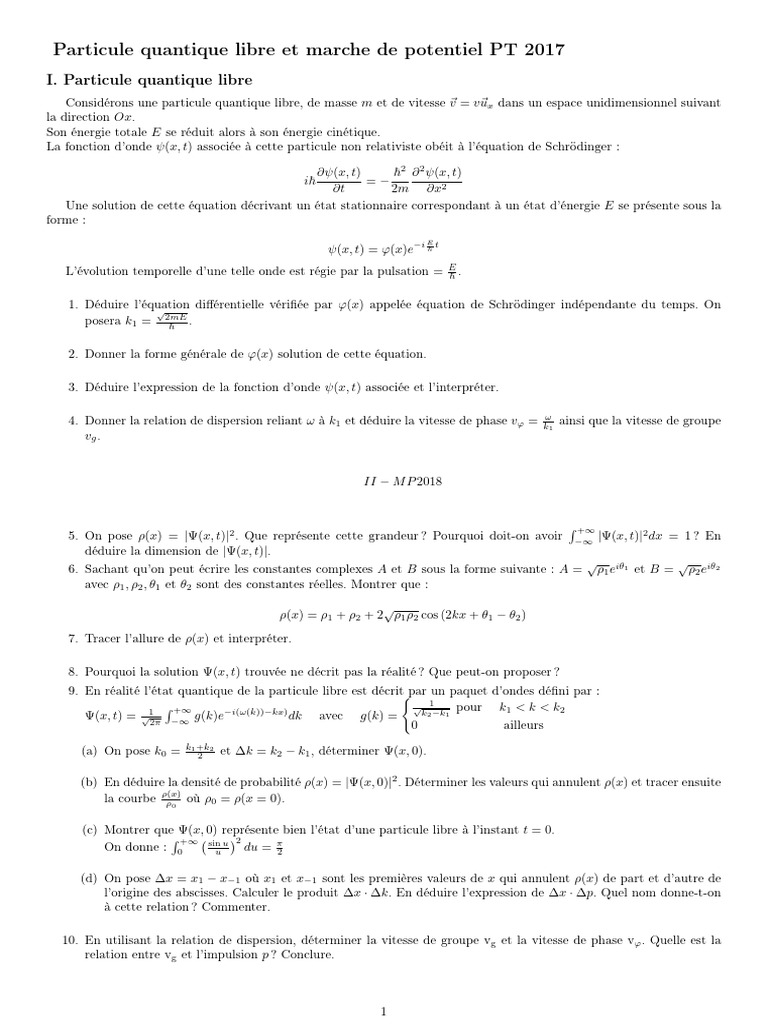 Particule quantique et potentiel : étude détaillée | PDF | Fonction d ...