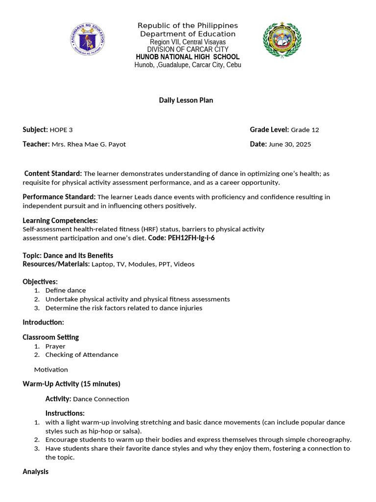 Daily Lesson Plan for HOPE 3 Dance | PDF | Dances | Behavior Modification