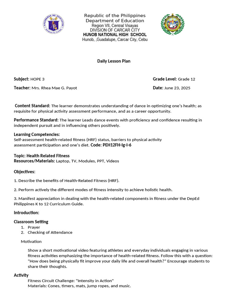 Grade 12 HOPE 3 Daily Lesson Plan | PDF | Physical Fitness ...