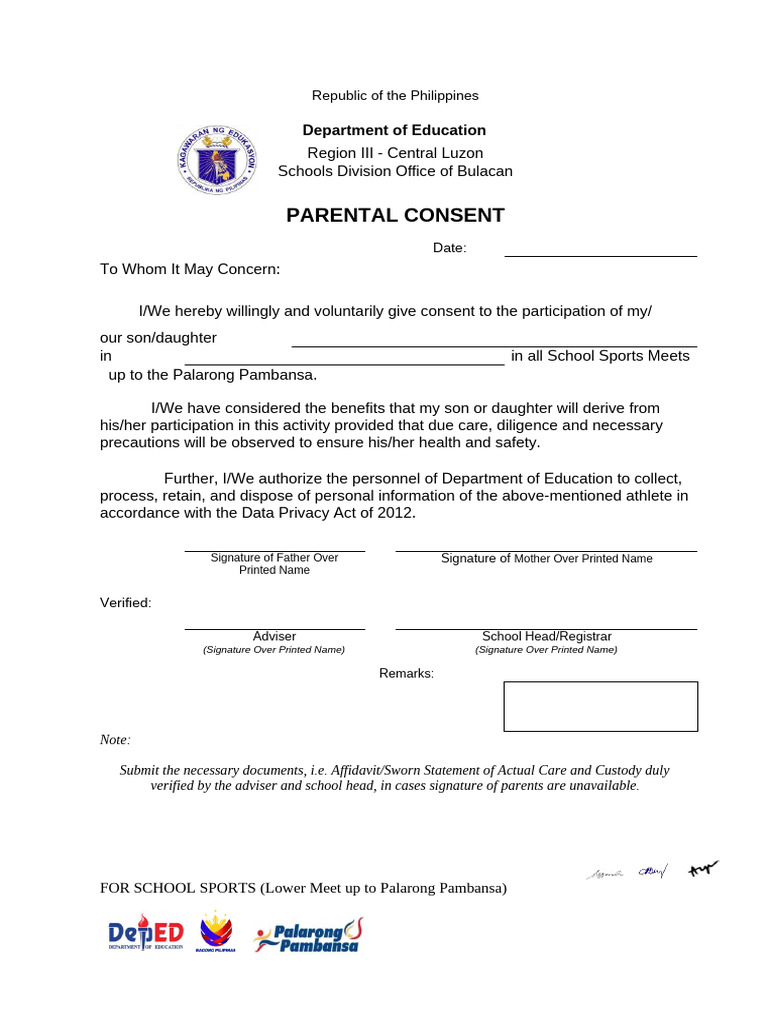 Parental Consent for School Sports Participation | PDF