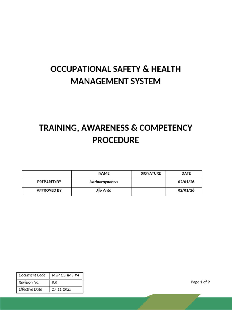 OSH Training & Competency Procedure | PDF | Occupational Safety And ...