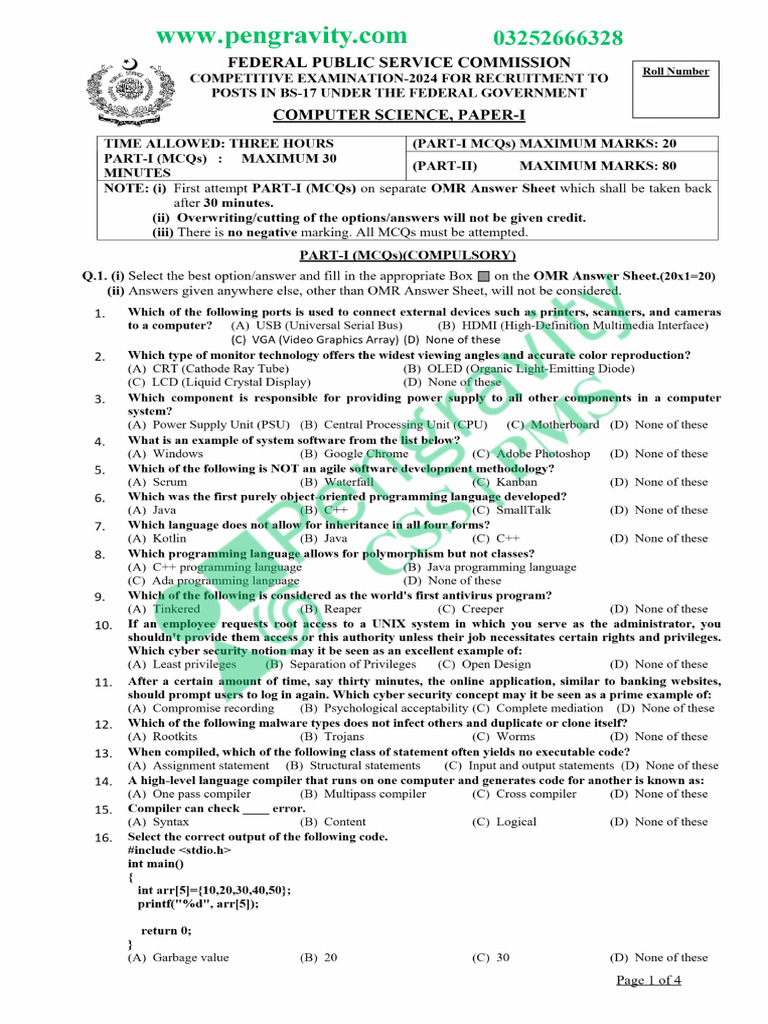 CSS Computer Science Past Papers 2024 P1 | PDF