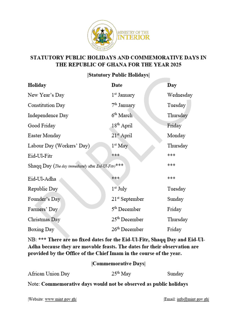 Ghana Public Holidays 2025 Schedule | PDF