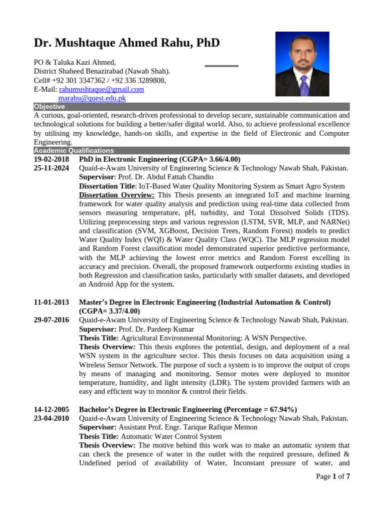 Dr. Mushtaque Ahmed Rahu's CV | PDF | Internet Of Things | Wireless ...