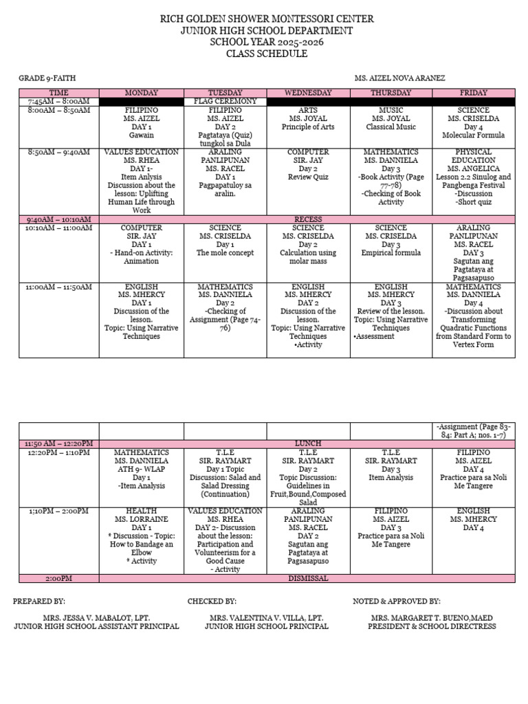 Grade 9 Class Schedule 2025-2026 | PDF | Mathematics