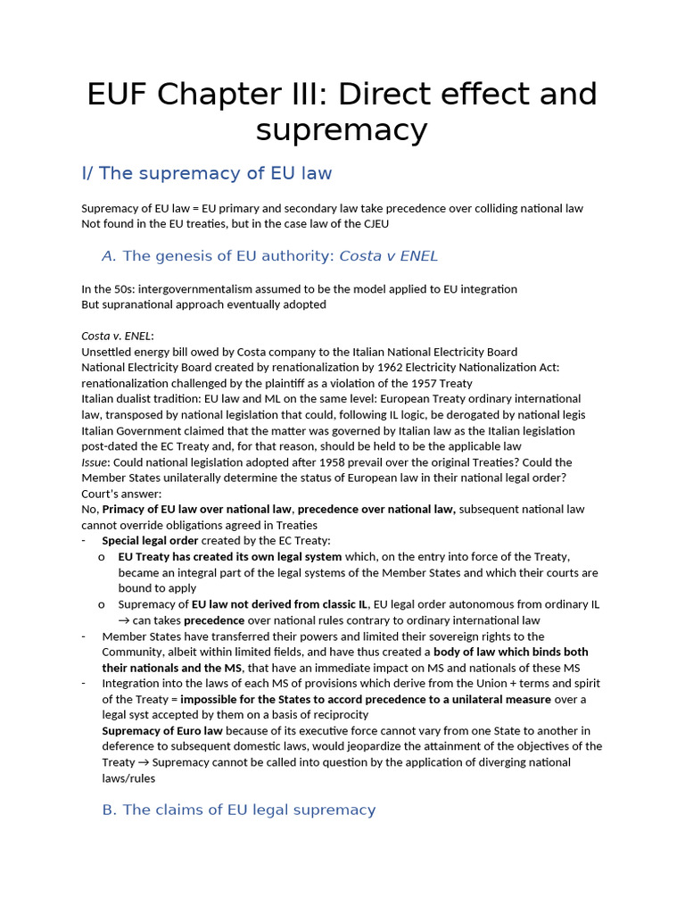 EU Law Supremacy and Direct Effect | PDF | Treaty | European Court Of ...