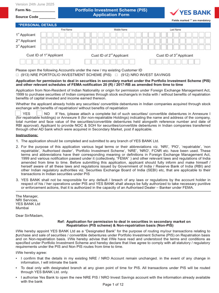 PIS Application for NRI Securities Trading | PDF | Banks | Securities ...