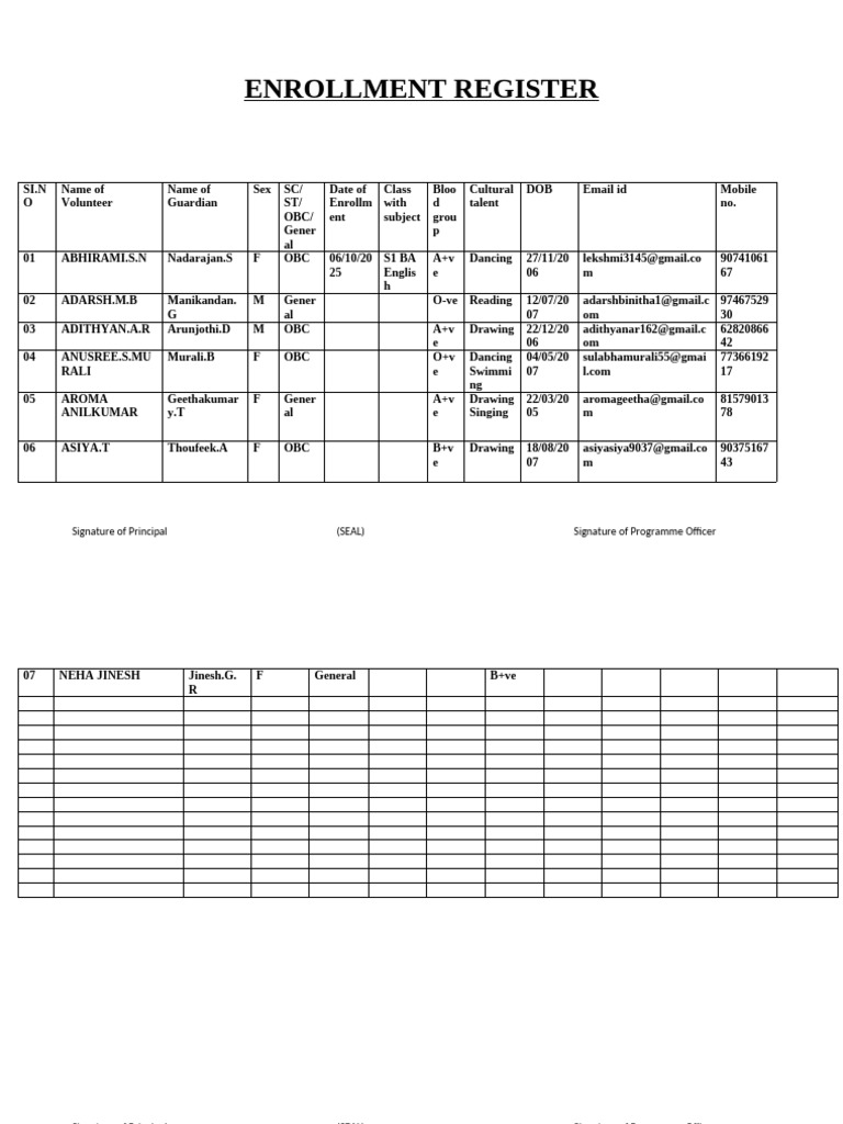 Volunteer Enrollment Register | PDF