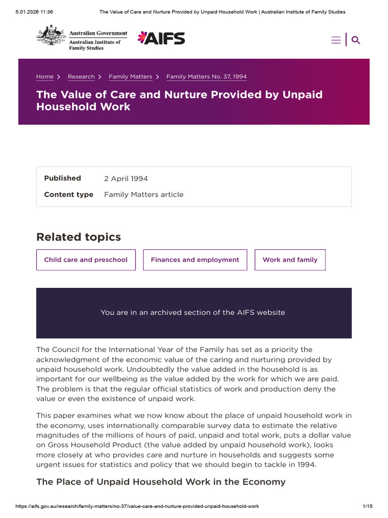 The Value of Care and Nurture Provided by Unpaid Household Work | PDF ...
