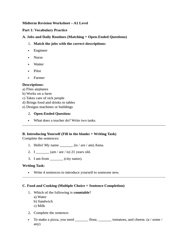 A1 Level Midterm Revision Worksheet | PDF | Syntax | Linguistics