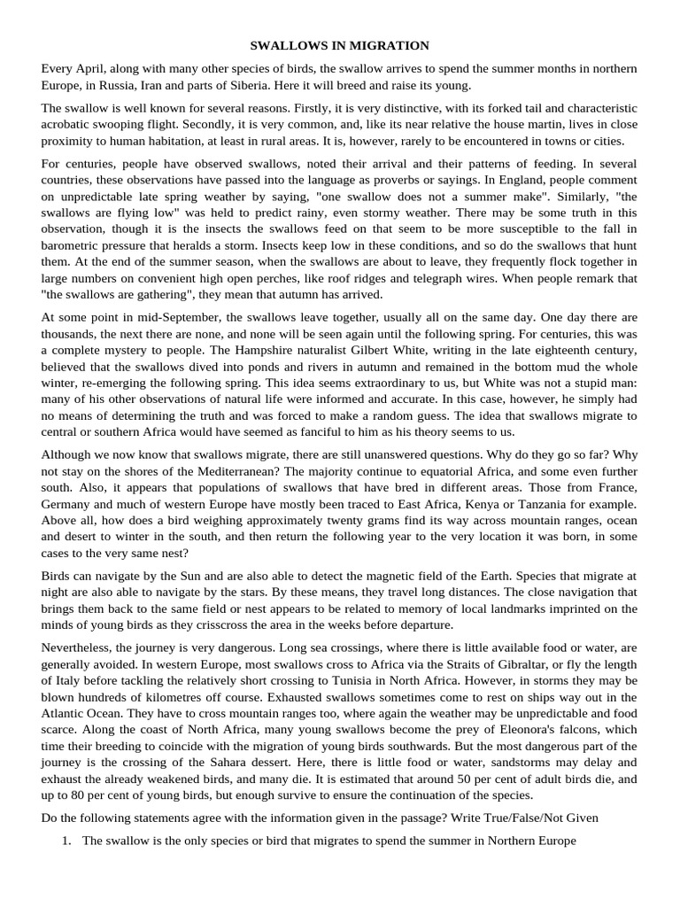 Swallow Migration Patterns and Challenges | PDF | Bird Migration ...