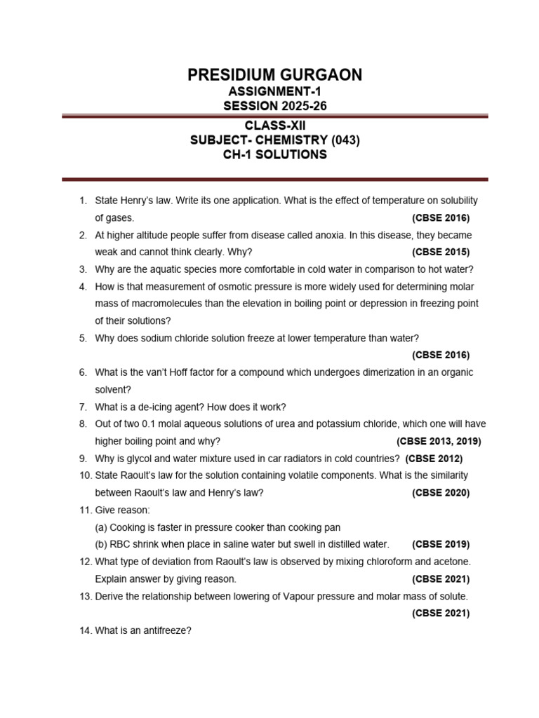 Chemistry Solutions for Class XII 2025-26 | PDF | Chemistry | Physical ...