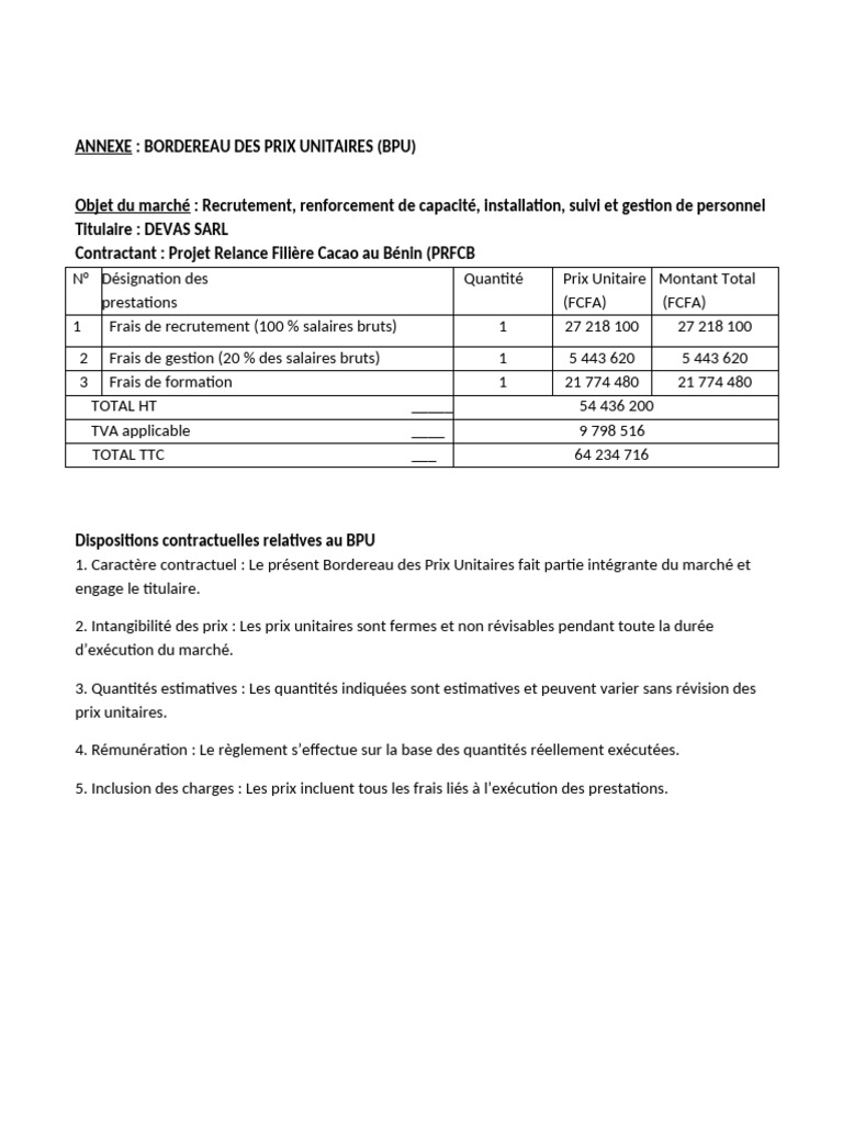 Bordereau des Prix Unitaires - PRFCB | PDF