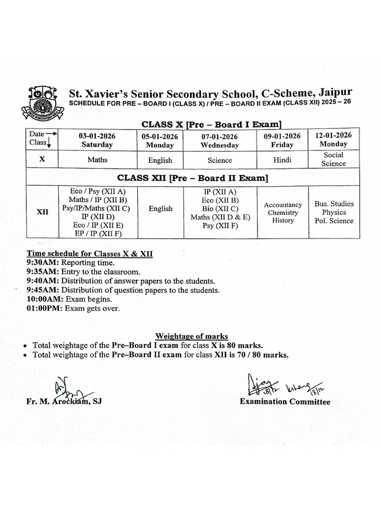 Pre Board Exam Schedule For Classes X & Xii | PDF
