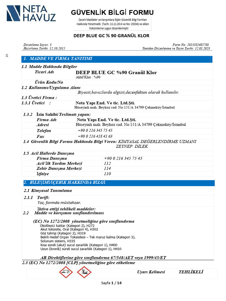 Deep Blue GC Granül Klor (MSDS) | PDF