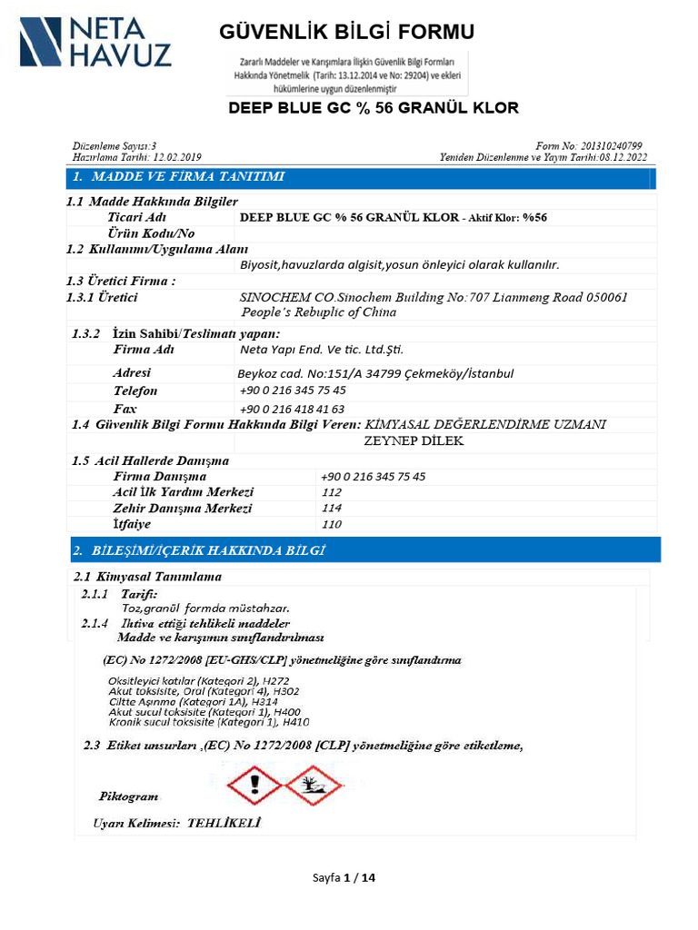 Deep Blue GC % 56 Granül Klor (MSDS) | PDF