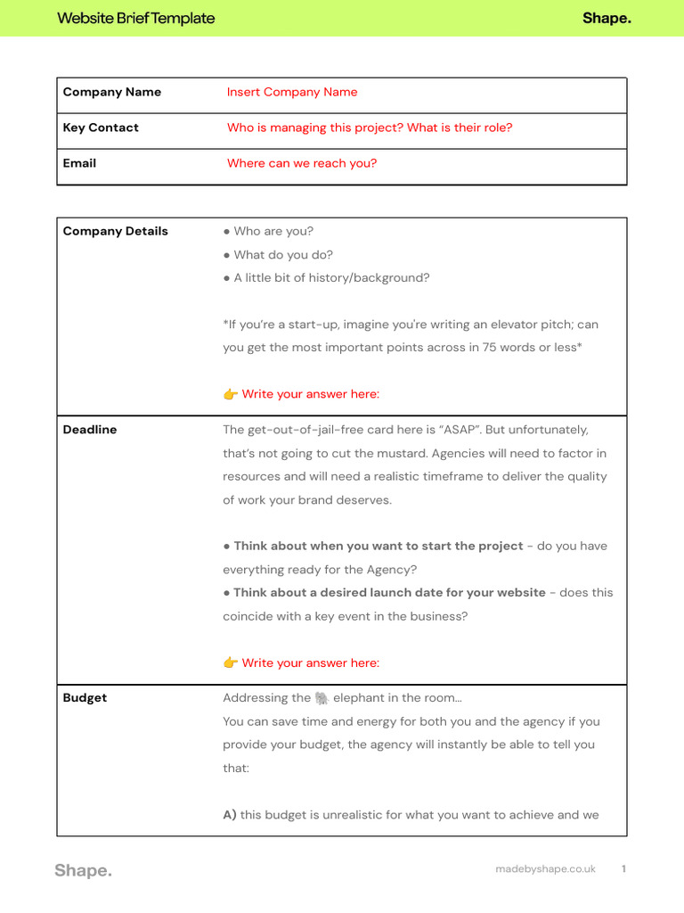 Copy of Website Brief Template _ MadeByShape.co.Uk | PDF