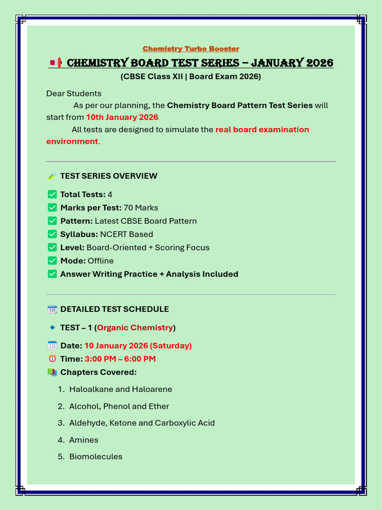 CBSE Class XII Chemistry Test Series 2026 | PDF