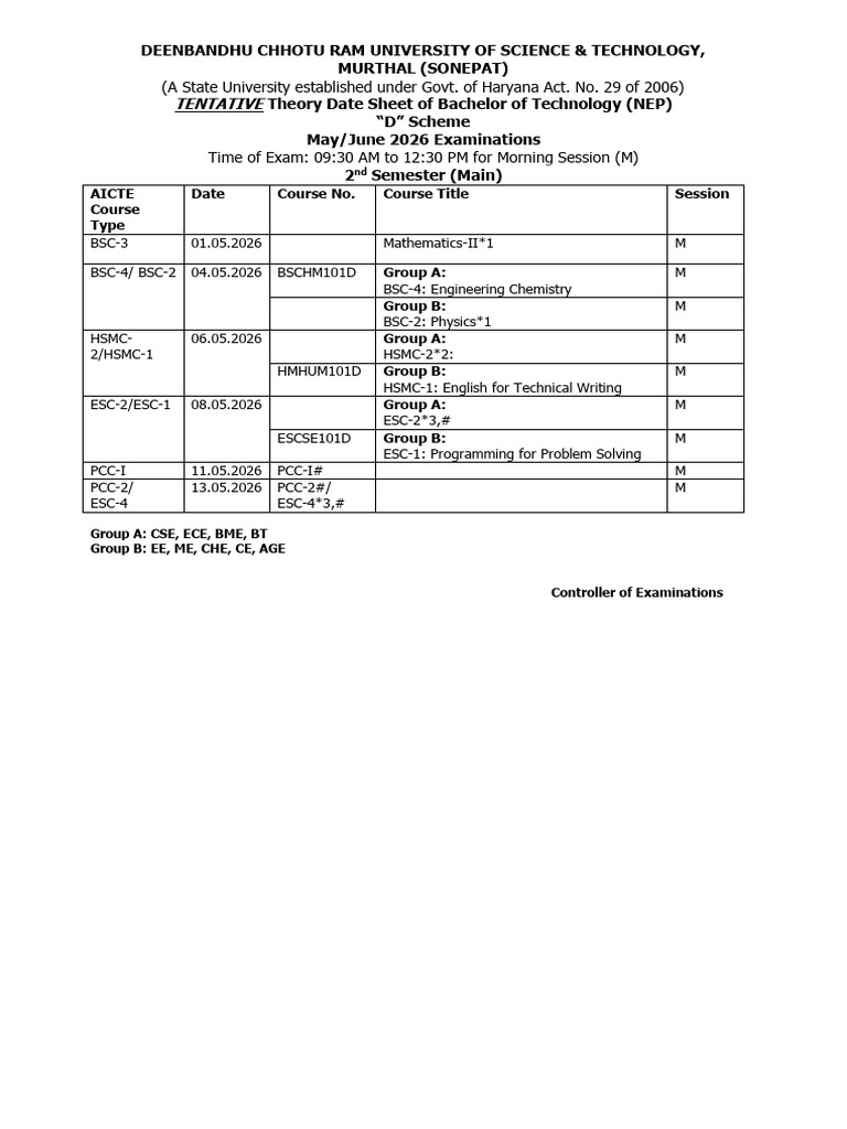 B.Tech May/June 2026 Exam Date Sheet | PDF | Engineering | Heat