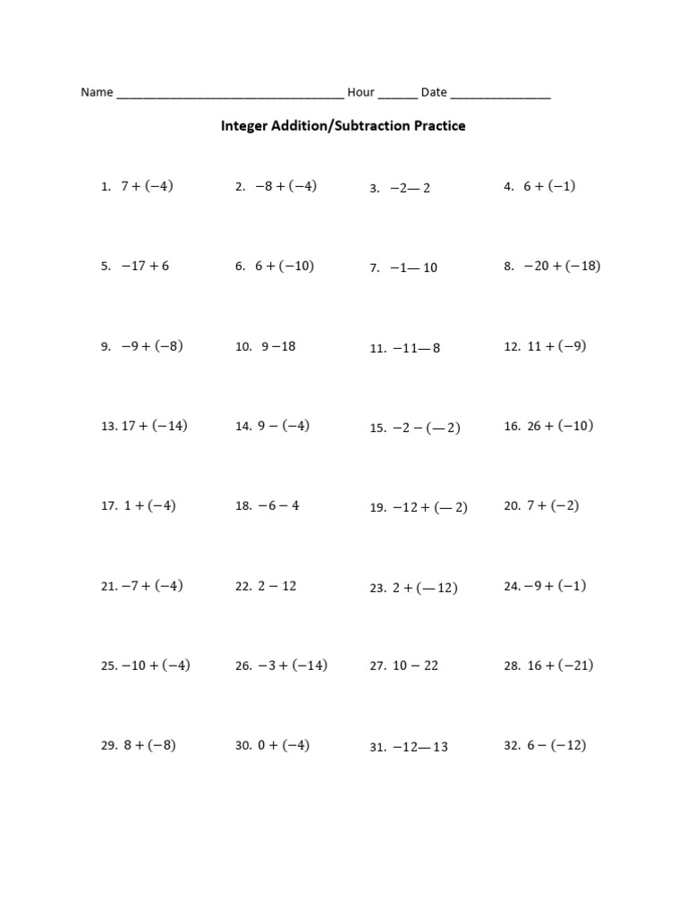 Integer Addition/Subtraction Practice: Name - Hour - Date | PDF