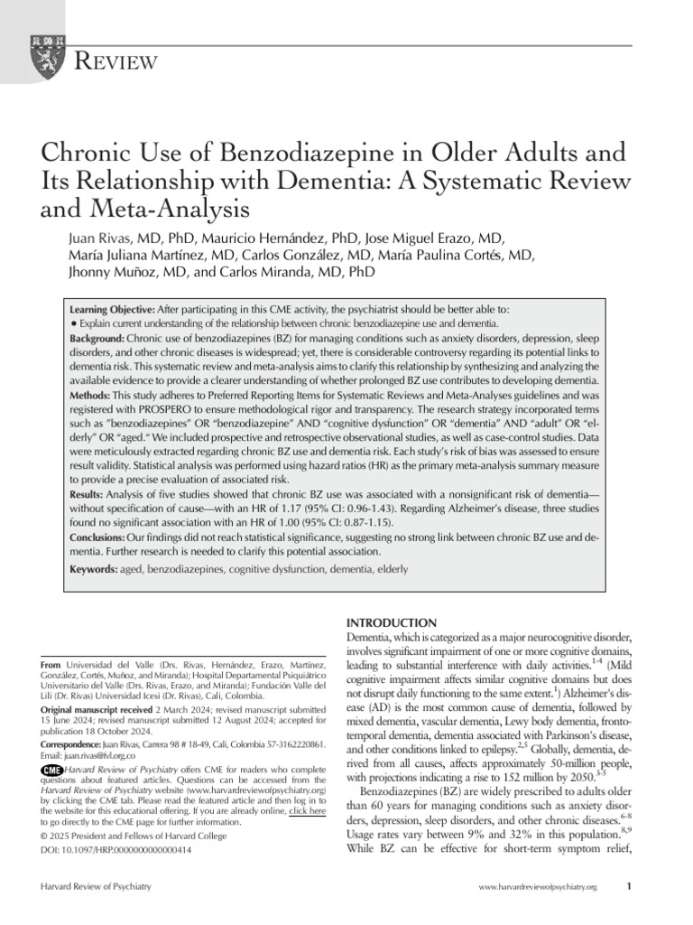 Benzodiazepines and Dementia Risk in Seniors | PDF | Dementia ...
