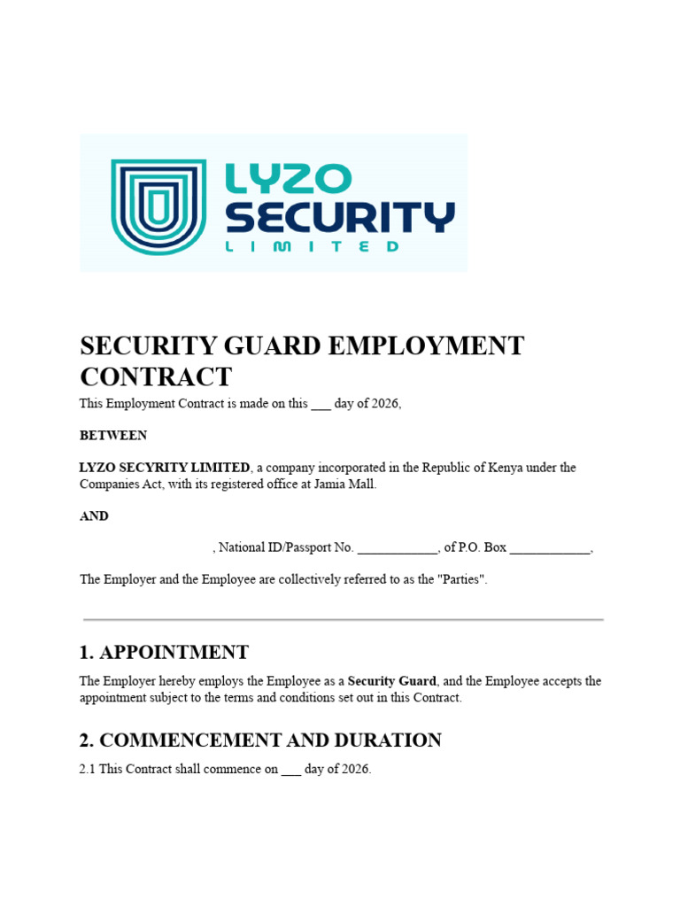 Security Guard Employment Contract Lyzo Security Limited | PDF ...