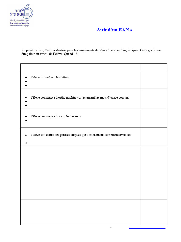 Grille d'évaluation EANA A2 pour enseignants | PDF