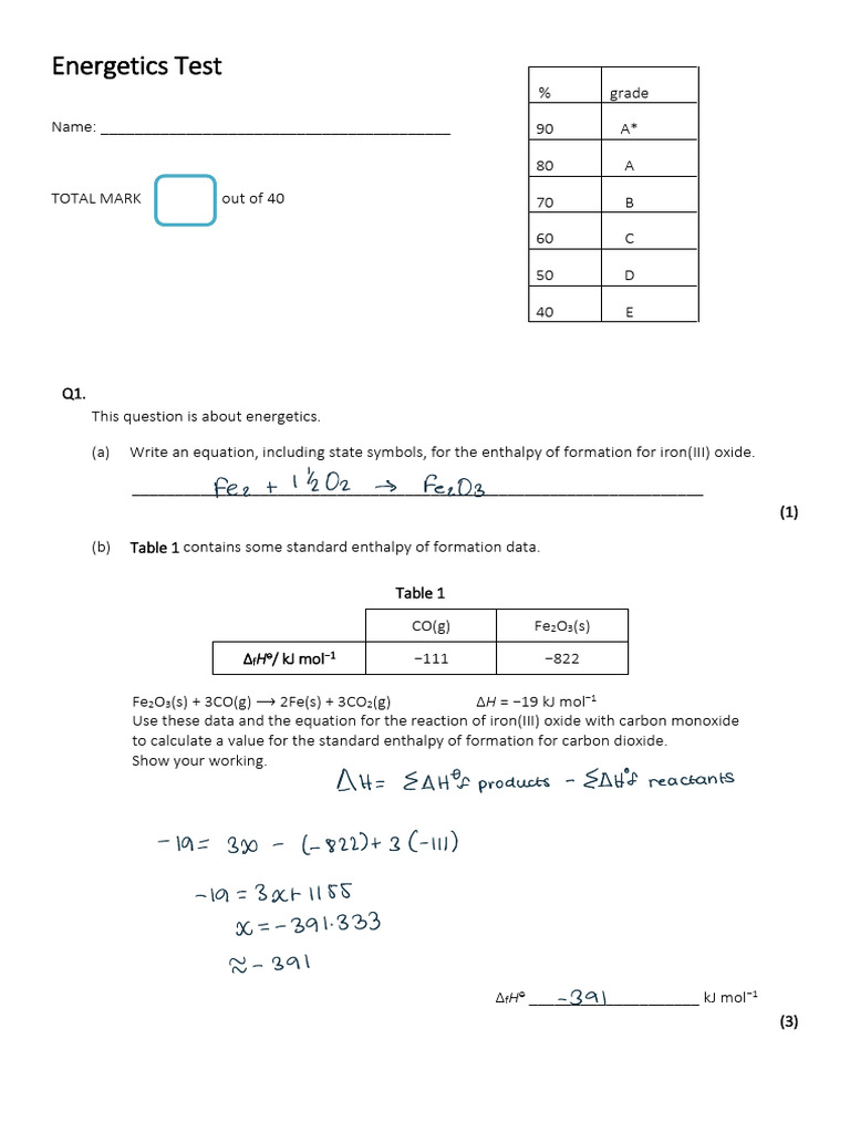 Energetics and Enthalpy Test Questions | PDF | Enthalpy | Oxide