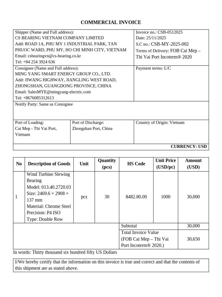 Commercial Invoice for Wind Turbine Bearings | PDF