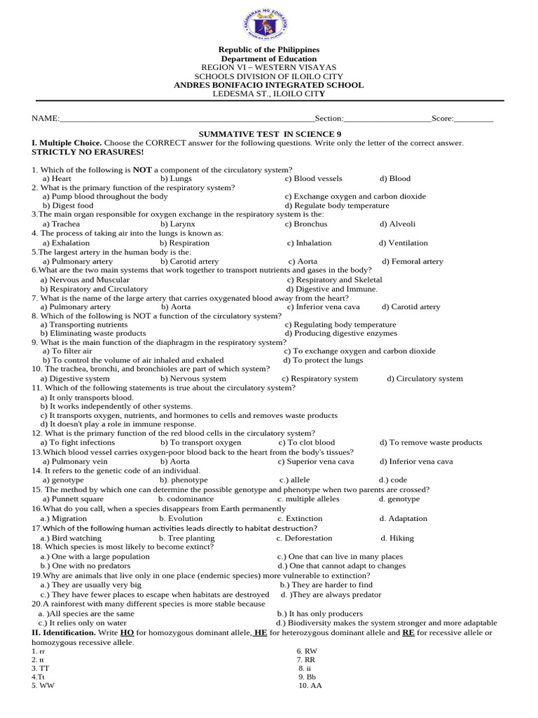Science 1st Quarter Exam | PDF | Dominance (Genetics) | Respiratory System